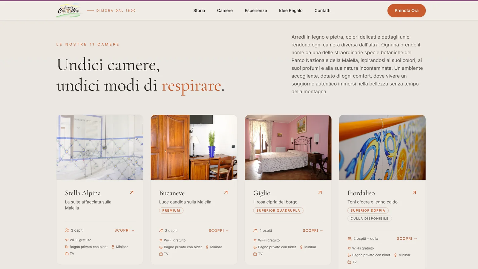 Pagina delle camere del sito Locanda Camilla: le undici camere, ognuna con la sua galleria